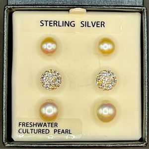 3 pair earring set. Sterling Silver. 2 pair are cultured pearls. NWT